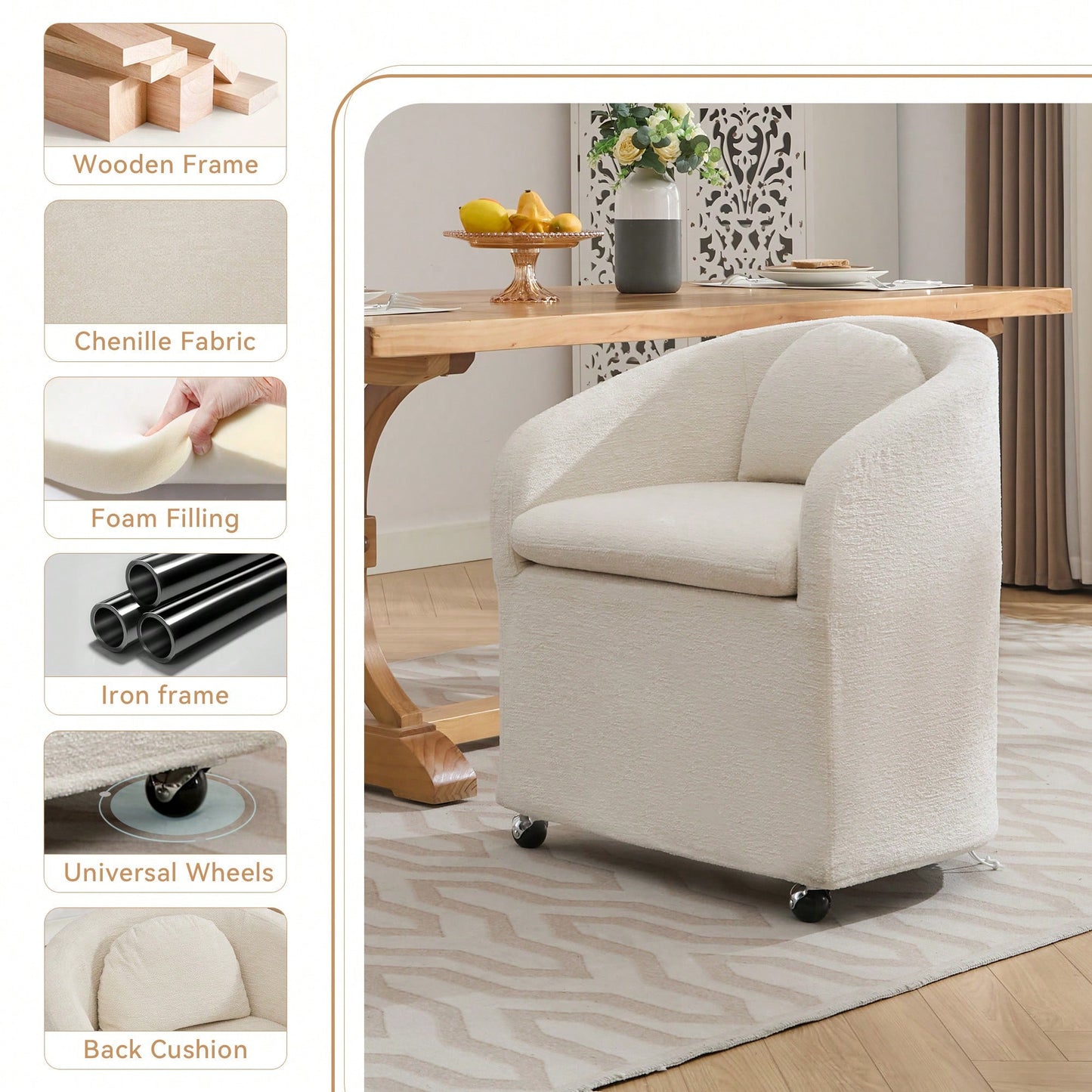 Chenille Fabric Dining Armchair With Back Cushion And Universal Wheels In Beige