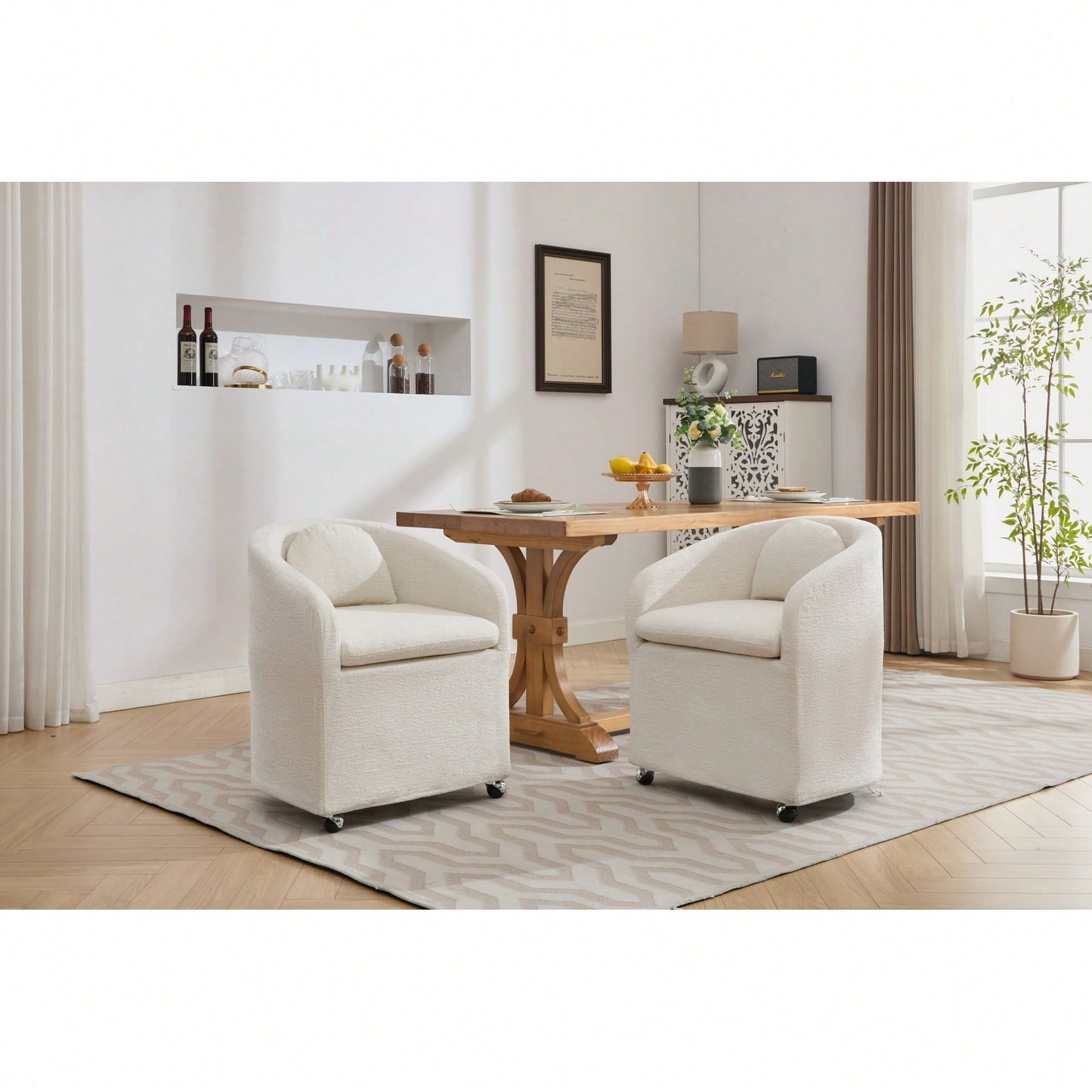 Chenille Fabric Dining Armchair With Back Cushion And Universal Wheels In Beige