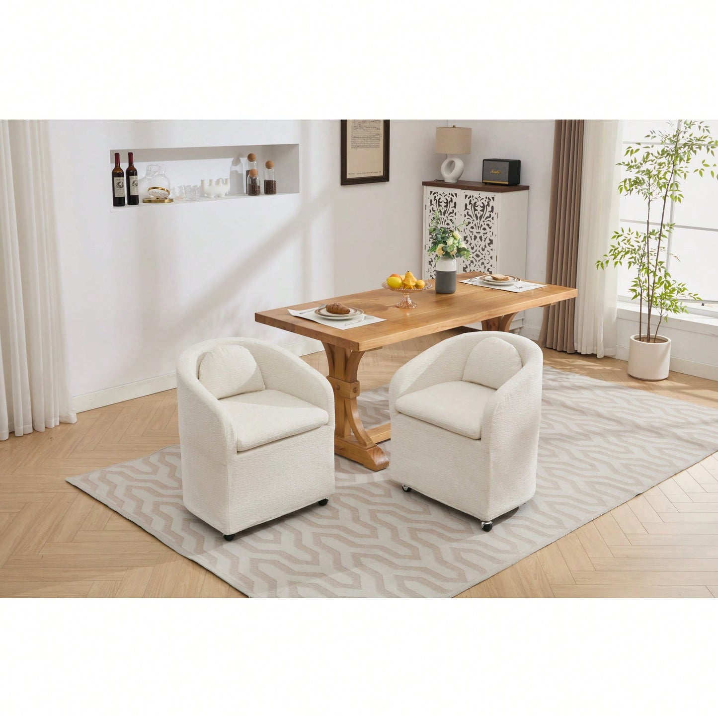 Chenille Fabric Dining Armchair With Back Cushion And Universal Wheels In Beige