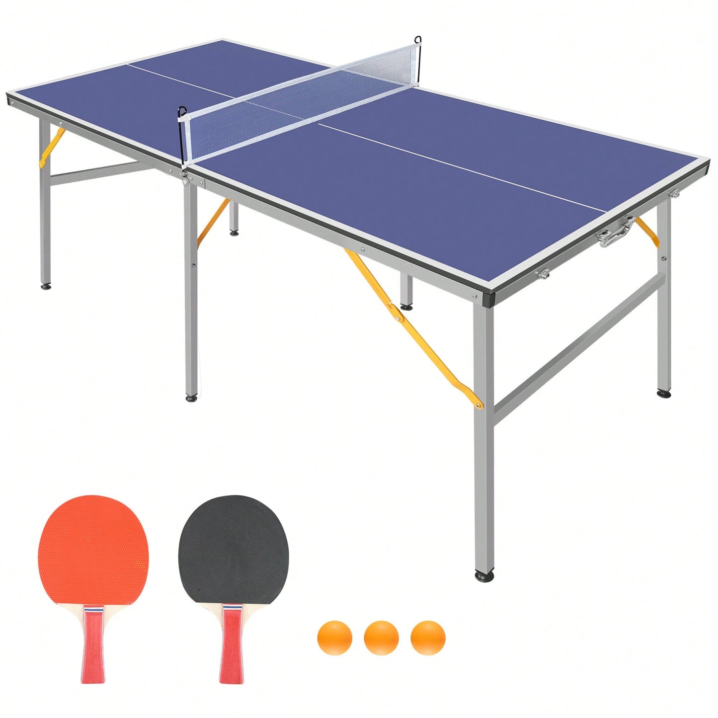 Portable 6ft Foldable Table Tennis Table Set For Indoor Outdoor Games With Net 2 Paddles And 3 Balls