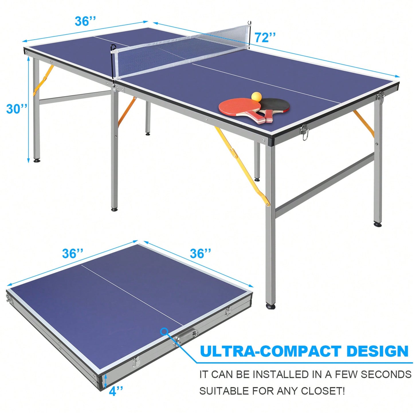 Portable 6ft Foldable Table Tennis Table Set For Indoor Outdoor Games With Net 2 Paddles And 3 Balls