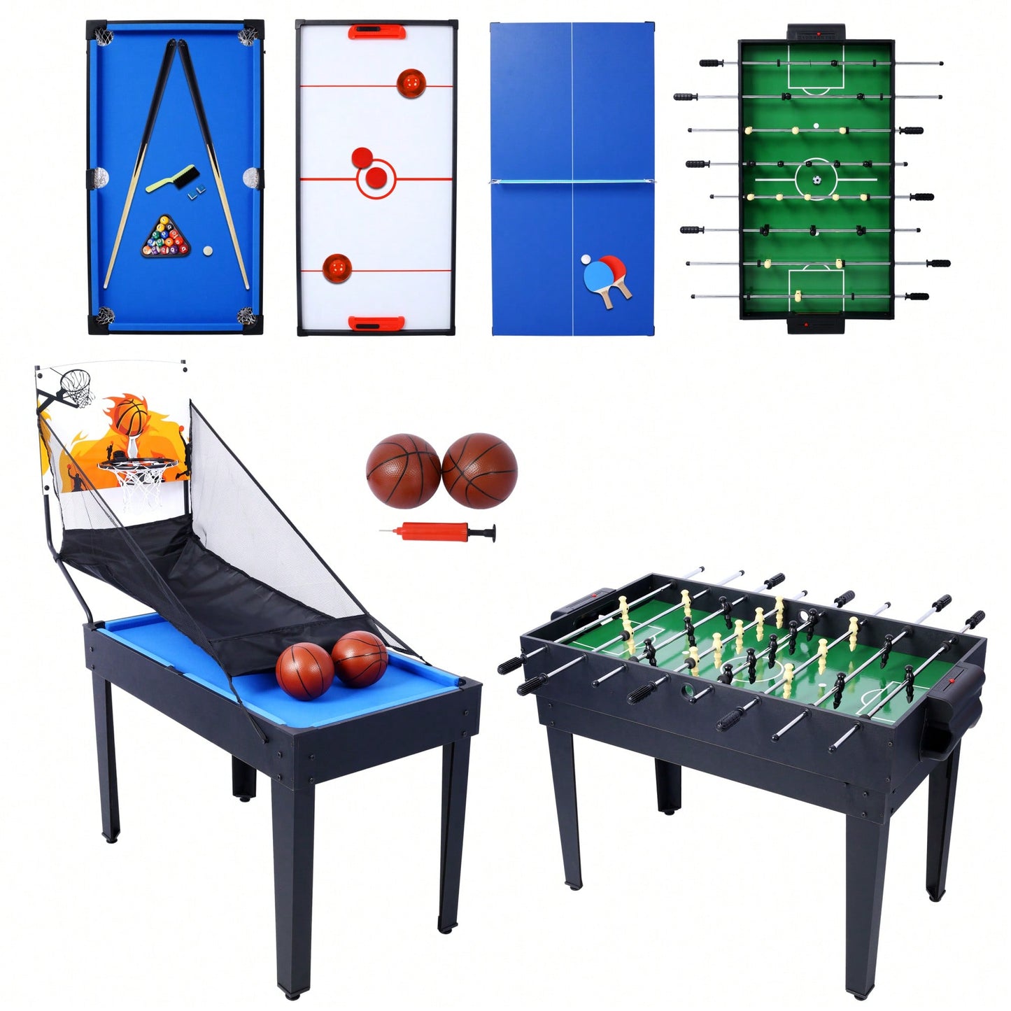 5-In-1 Multi-Game Table For Billiards, Air Hockey, Foosball, Ping Pong, And Basketball In Black And Blue