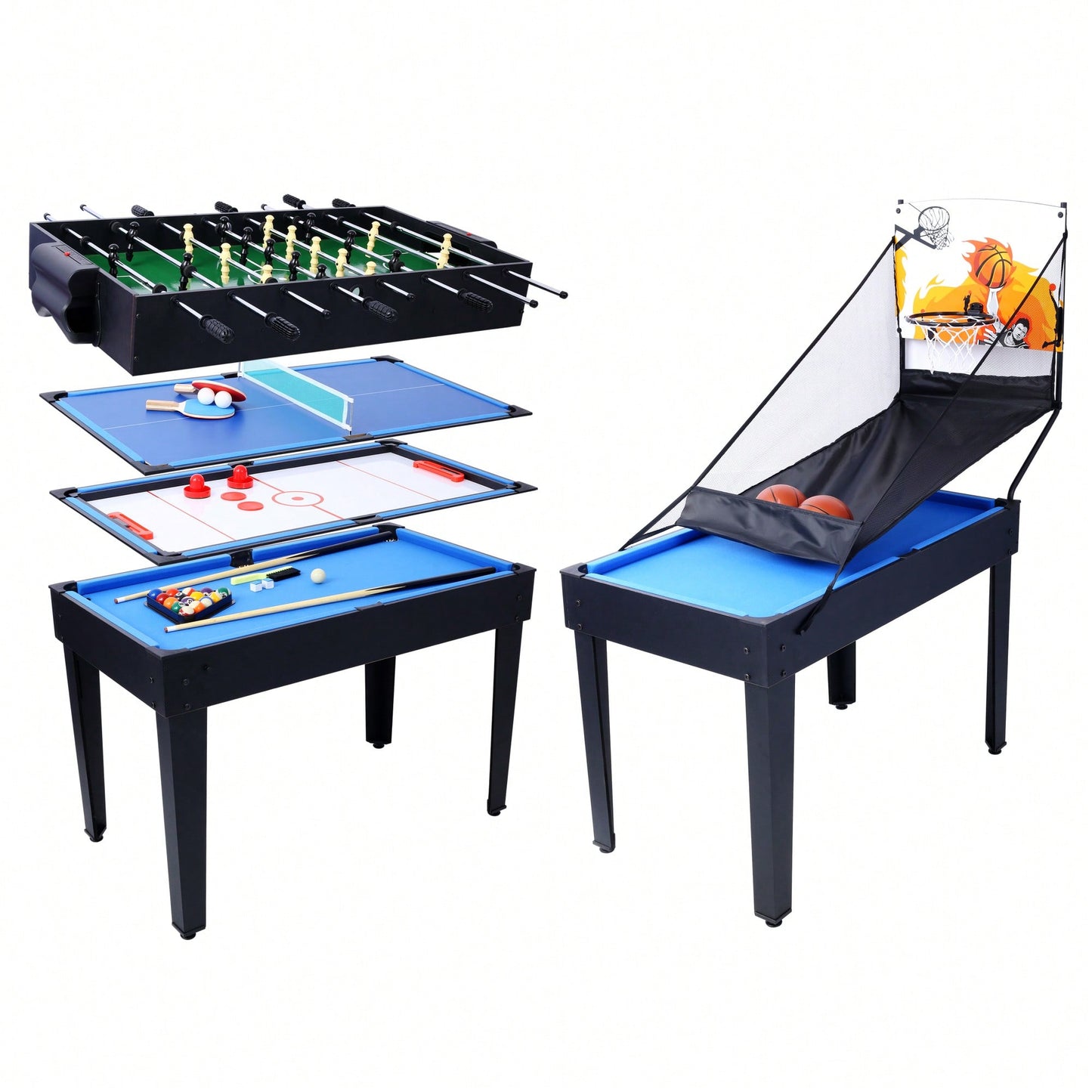 5-In-1 Multi-Game Table For Billiards, Air Hockey, Foosball, Ping Pong, And Basketball In Black And Blue