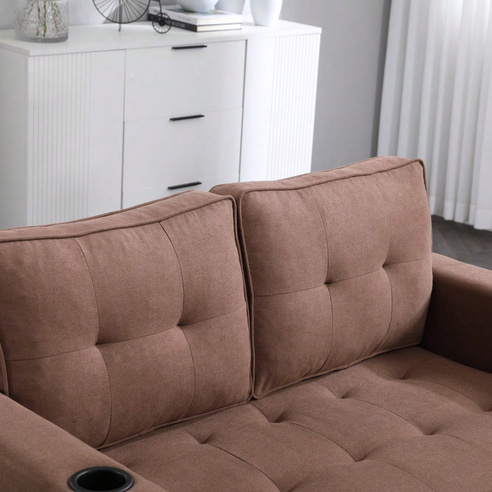 3-In-1 Convertible Upholstered Futon Sofa Bed With Foldable Design And Side Pockets For Living Room, Brown