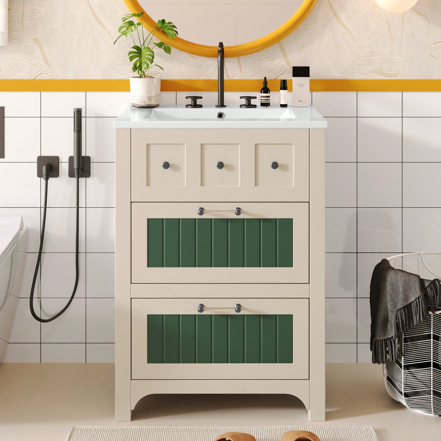 24 Inch Bathroom Vanity With Ceramic Sink And 2 Drawers, Stylish Wooden Cabinet For Modern Bathrooms