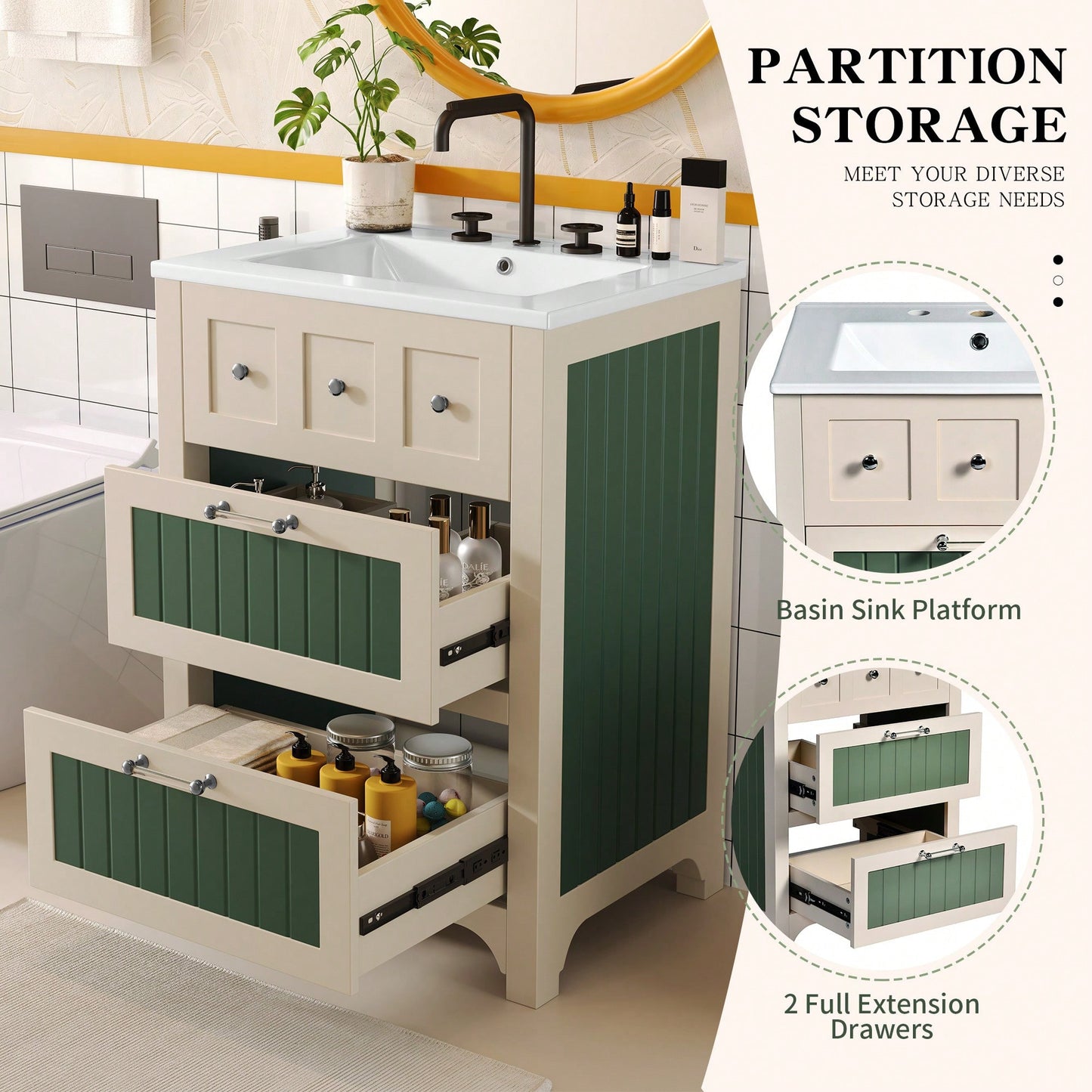 24 Inch Bathroom Vanity With Ceramic Sink And 2 Drawers, Stylish Wooden Cabinet For Modern Bathrooms