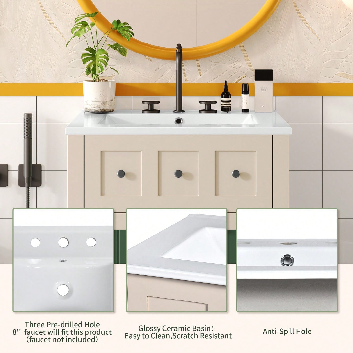 24 Inch Bathroom Vanity With Ceramic Sink And 2 Drawers, Stylish Wooden Cabinet For Modern Bathrooms