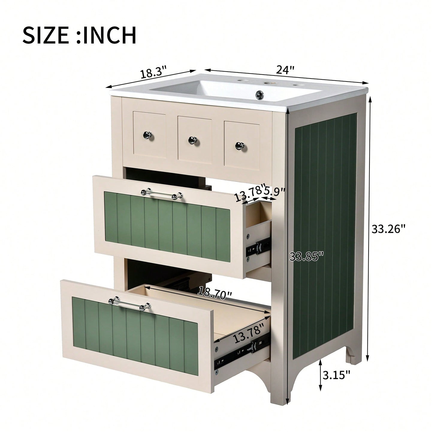 24 Inch Bathroom Vanity With Ceramic Sink And 2 Drawers, Stylish Wooden Cabinet For Modern Bathrooms