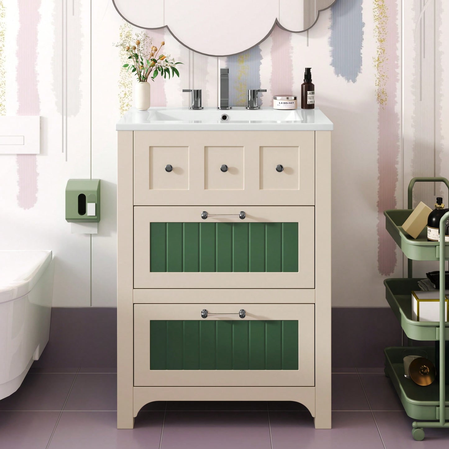 24 Inch Bathroom Vanity With Ceramic Sink And 2 Drawers, Stylish Wooden Cabinet For Modern Bathrooms