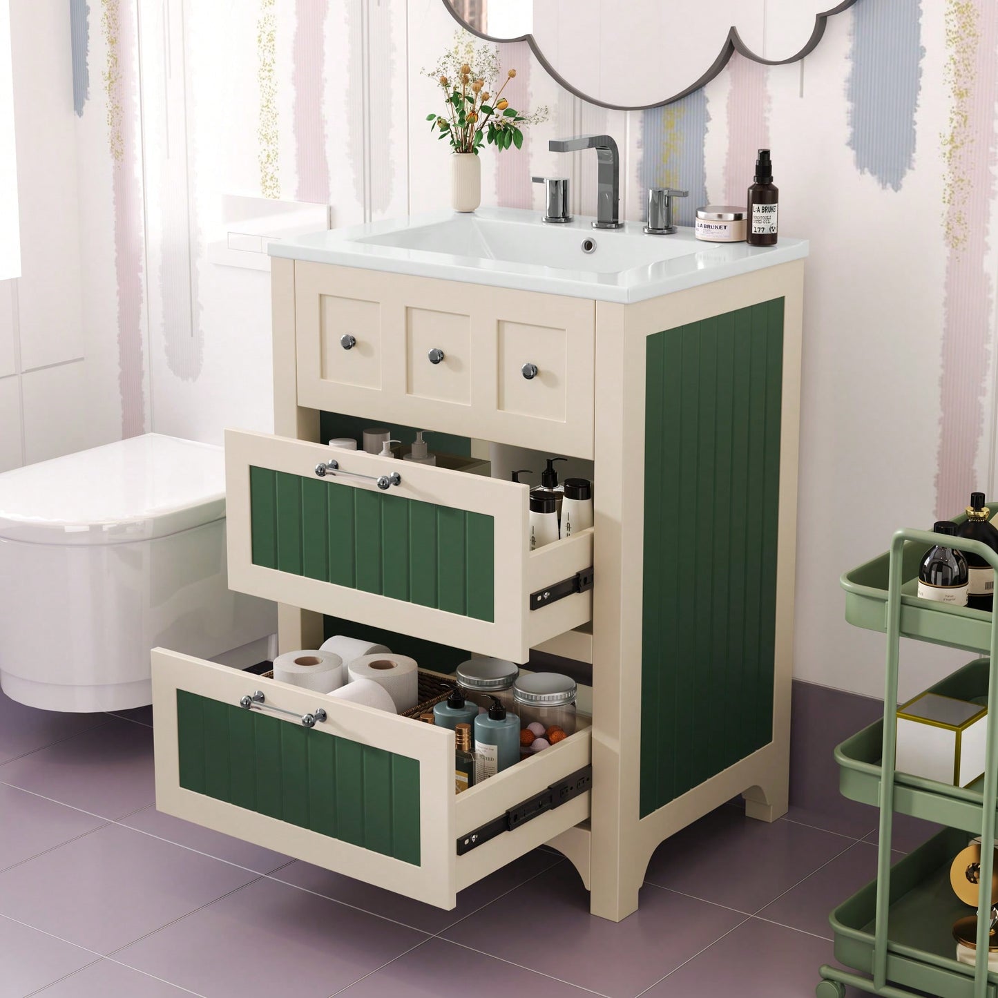 24 Inch Bathroom Vanity With Ceramic Sink And 2 Drawers, Stylish Wooden Cabinet For Modern Bathrooms