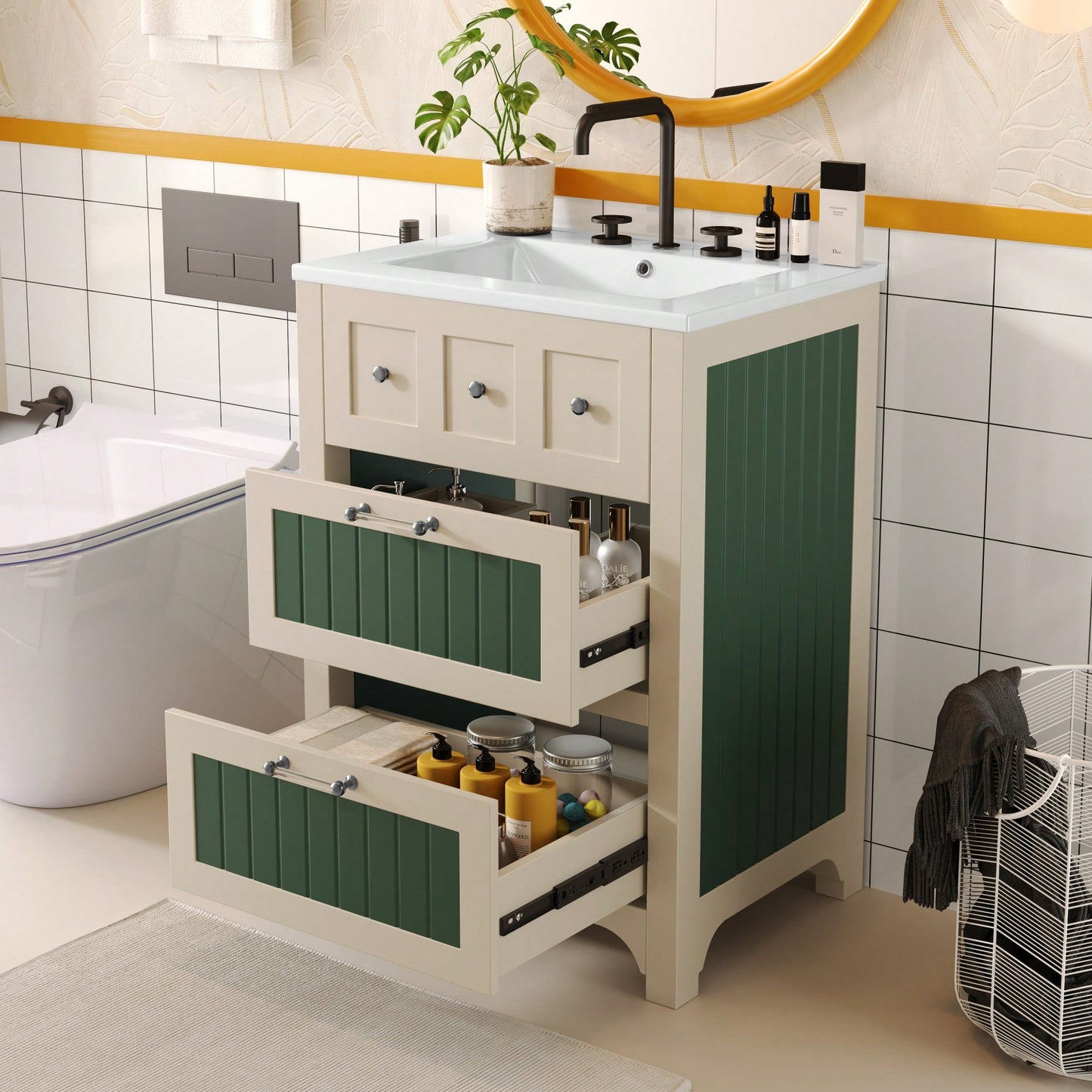 24 Inch Bathroom Vanity With Ceramic Sink And 2 Drawers, Stylish Wooden Cabinet For Modern Bathrooms