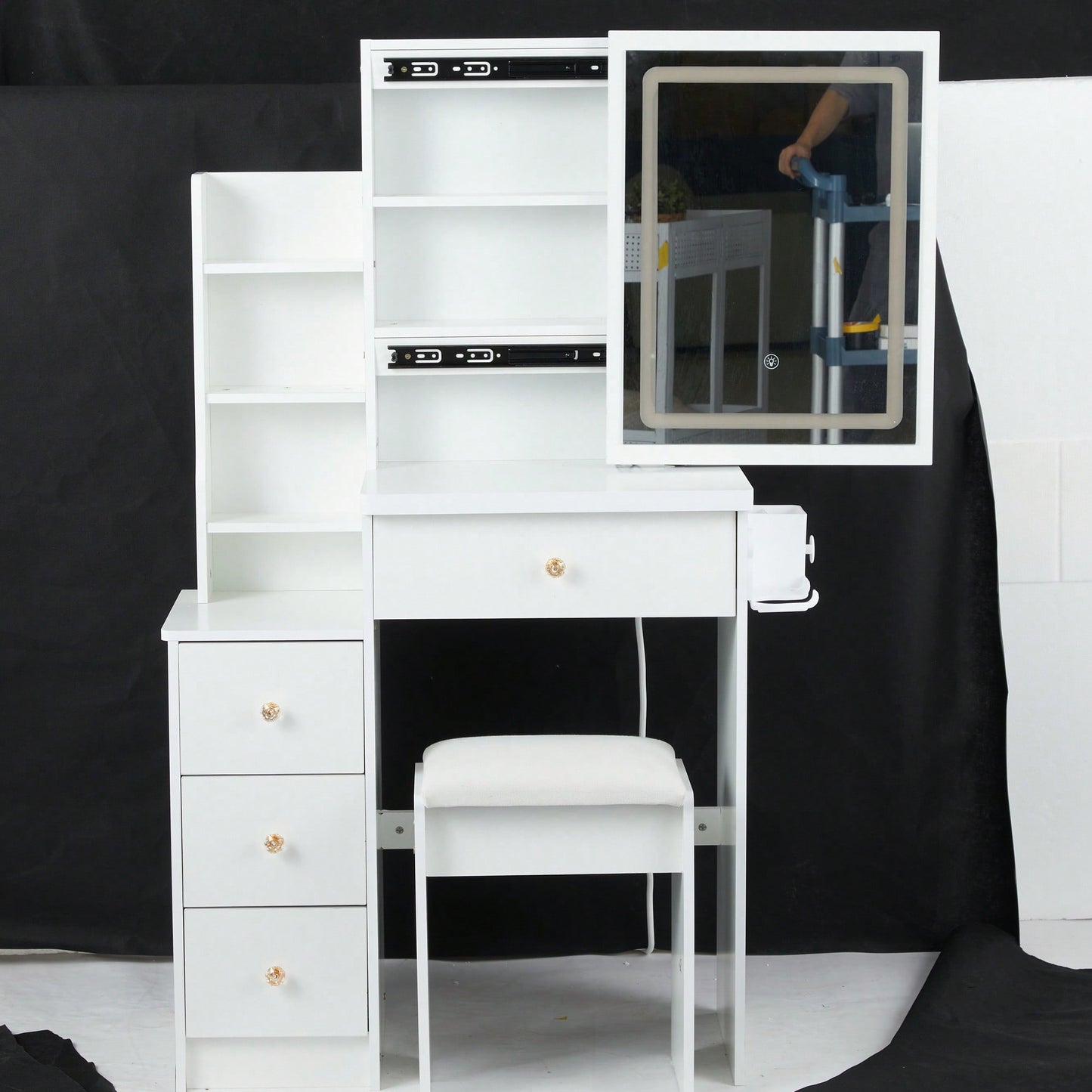 Compact Vanity Table with Cushioned Stool, 2 AC Outlets, 2 USB Ports, Hair Dryer Holder, Touch Control LED Mirror with Tri-Color Options