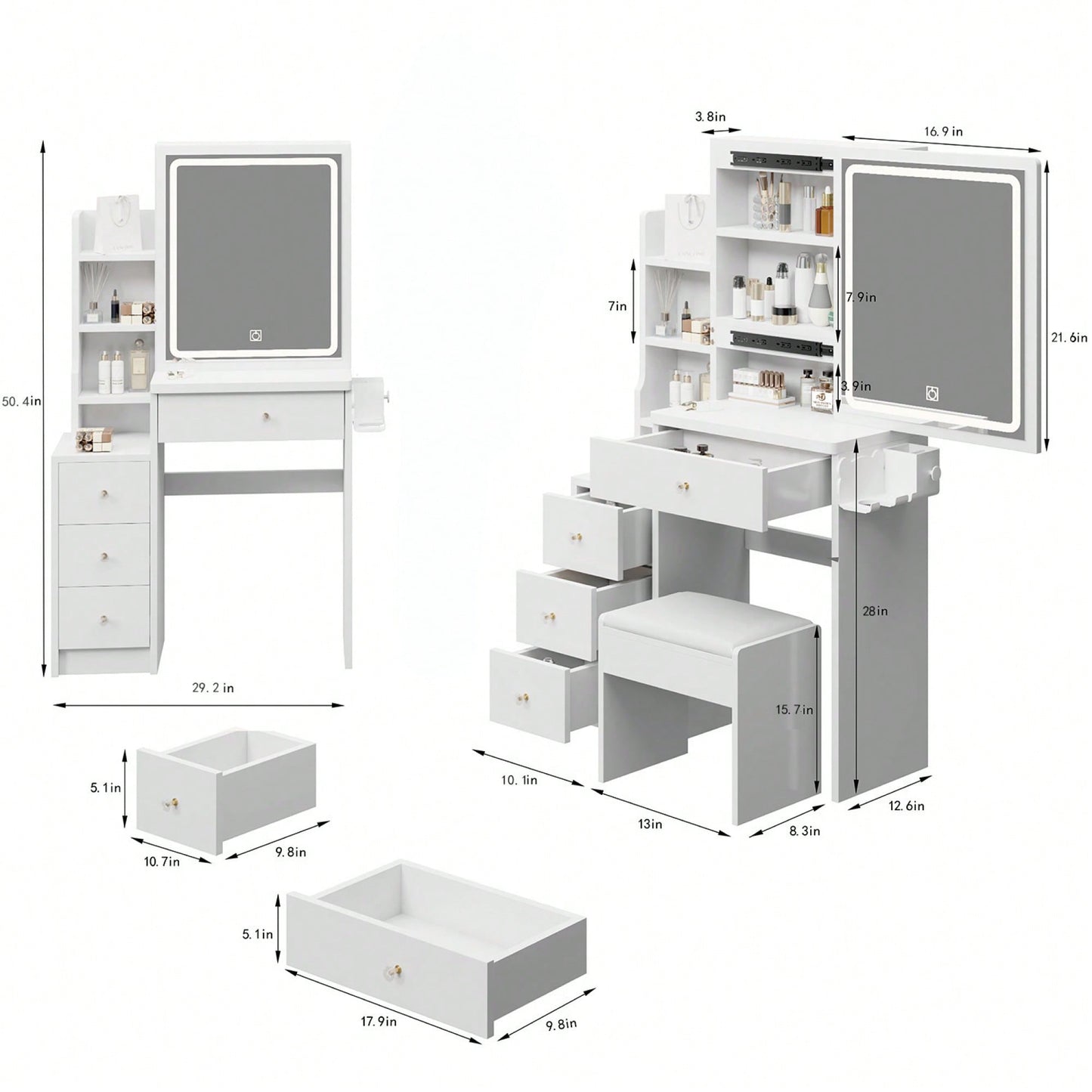 Compact Vanity Table with Cushioned Stool, 2 AC Outlets, 2 USB Ports, Hair Dryer Holder, Touch Control LED Mirror with Tri-Color Options