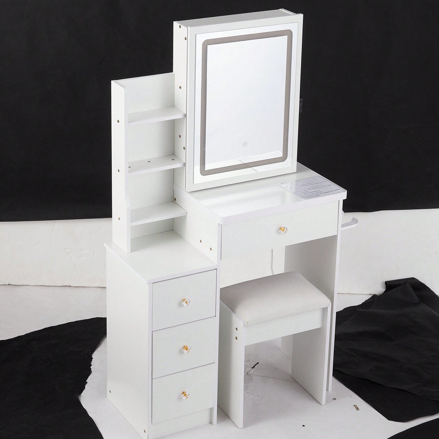 Compact Vanity Table with Cushioned Stool, 2 AC Outlets, 2 USB Ports, Hair Dryer Holder, Touch Control LED Mirror with Tri-Color Options