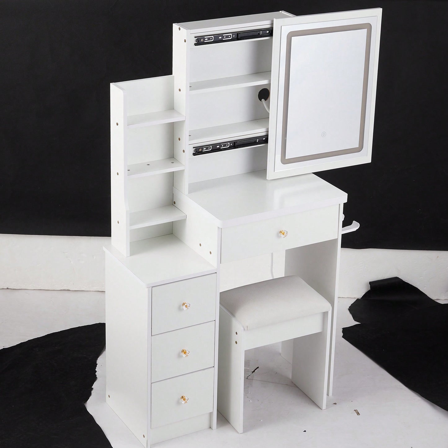 Compact Vanity Table with Cushioned Stool, 2 AC Outlets, 2 USB Ports, Hair Dryer Holder, Touch Control LED Mirror with Tri-Color Options