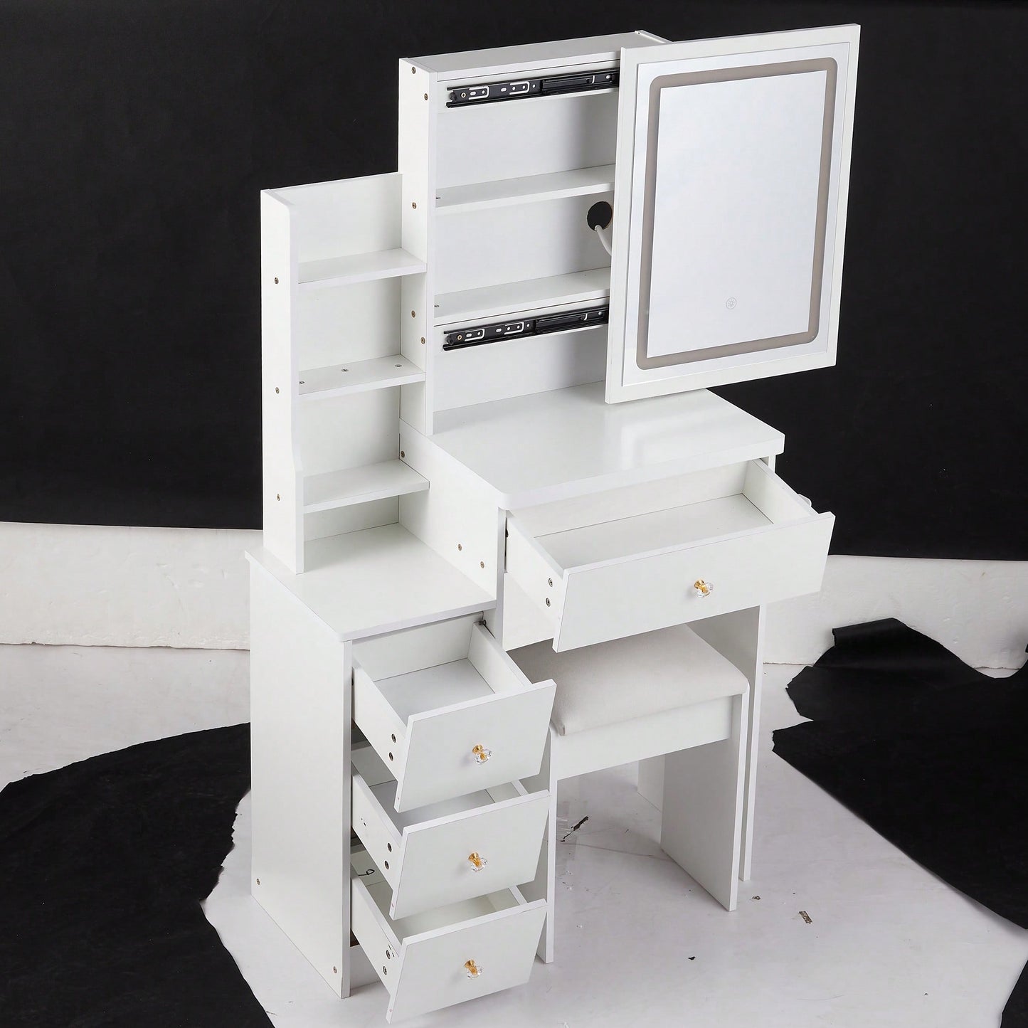 Compact Vanity Table with Cushioned Stool, 2 AC Outlets, 2 USB Ports, Hair Dryer Holder, Touch Control LED Mirror with Tri-Color Options