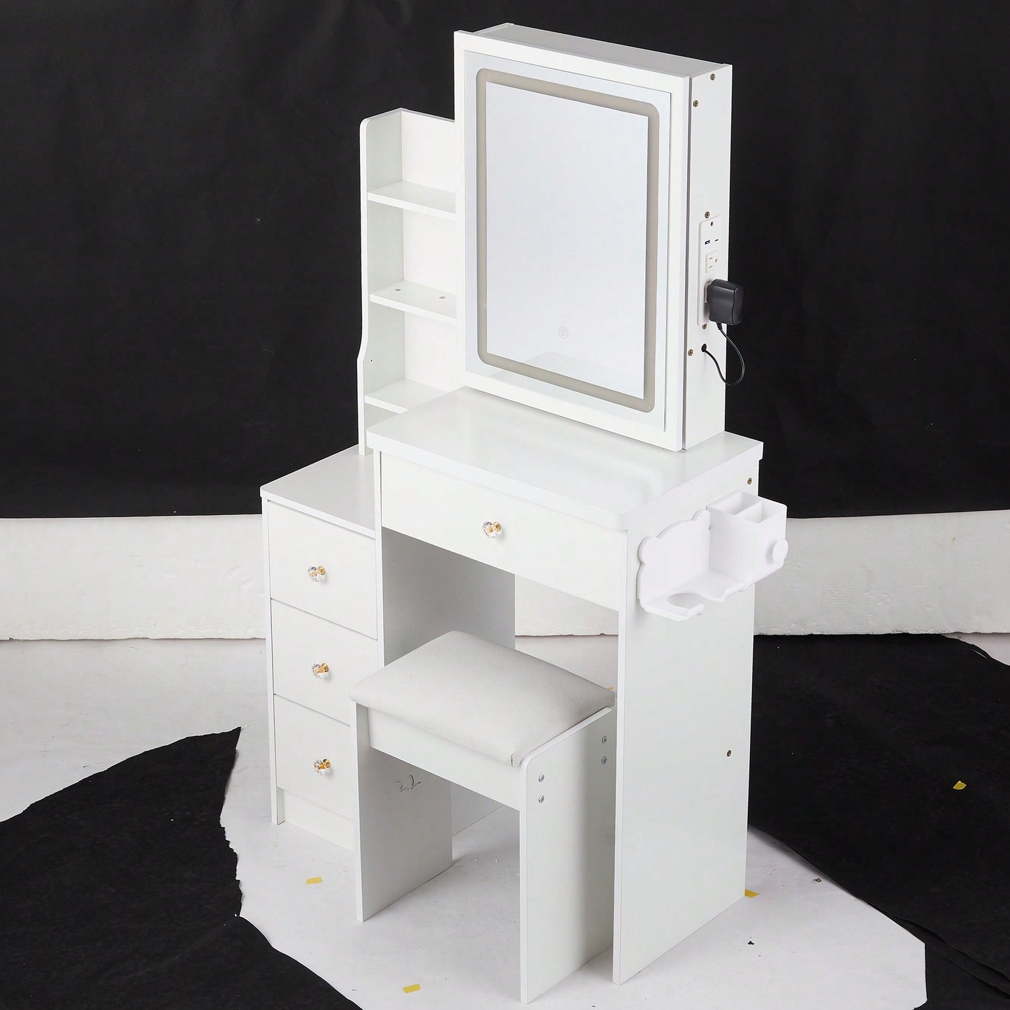 Compact Vanity Table with Cushioned Stool, 2 AC Outlets, 2 USB Ports, Hair Dryer Holder, Touch Control LED Mirror with Tri-Color Options