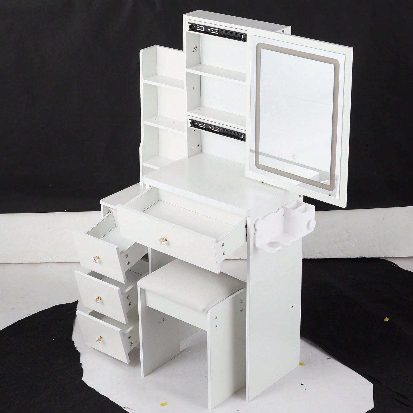 Compact Vanity Table with Cushioned Stool, 2 AC Outlets, 2 USB Ports, Hair Dryer Holder, Touch Control LED Mirror with Tri-Color Options