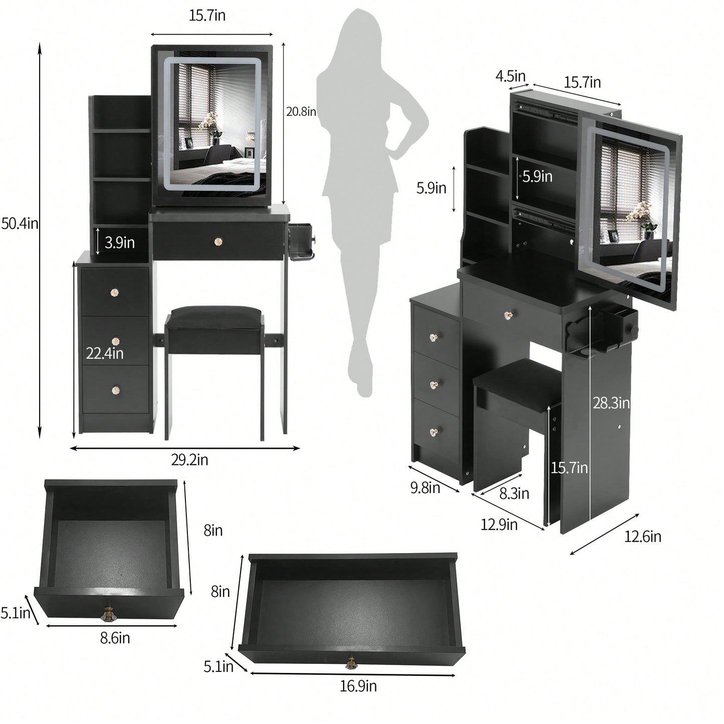 Compact Vanity Table with Cushioned Stool, 2 AC Outlets, 2 USB Ports, Hair Dryer Holder, Touch Control LED Mirror with Tri-Color Options