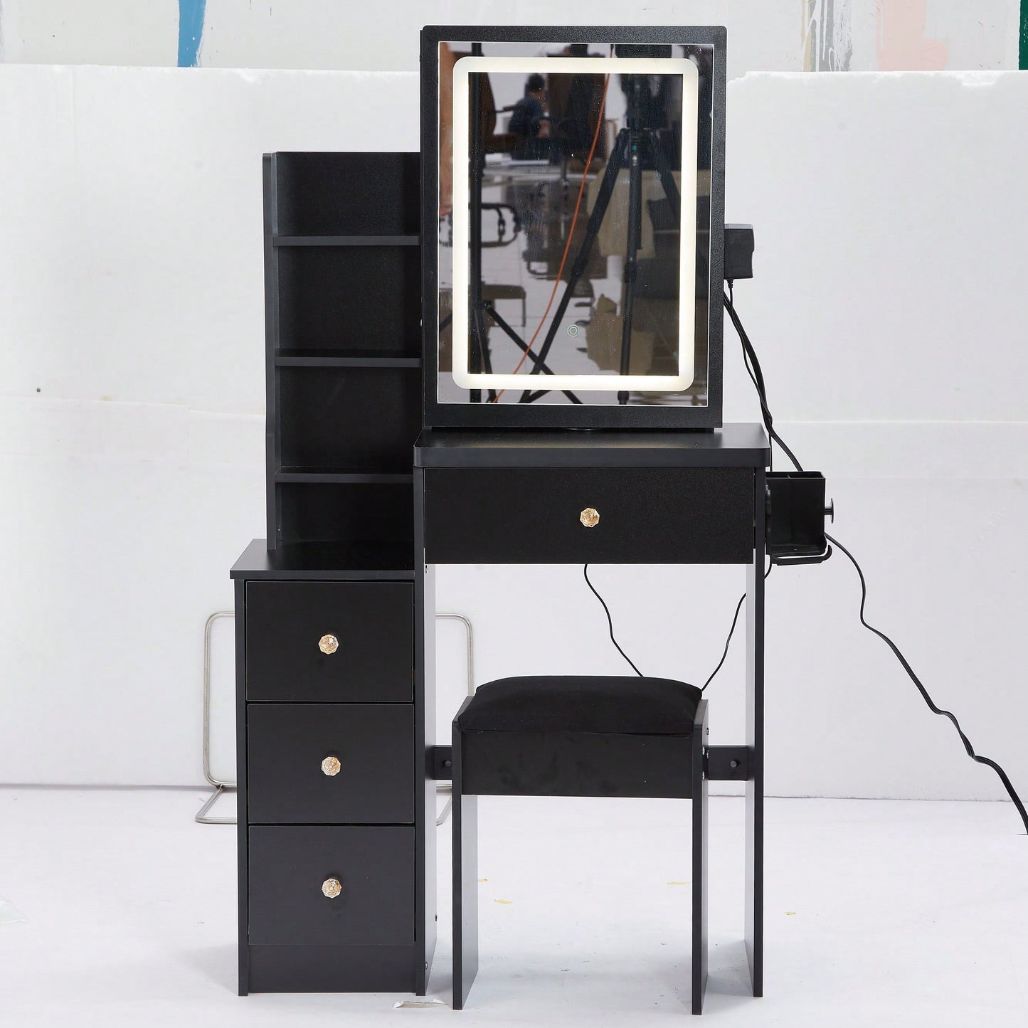 Compact Vanity Table with Cushioned Stool, 2 AC Outlets, 2 USB Ports, Hair Dryer Holder, Touch Control LED Mirror with Tri-Color Options
