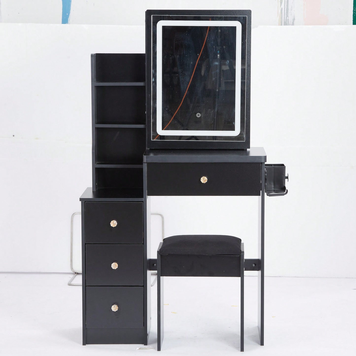 Compact Vanity Table with Cushioned Stool, 2 AC Outlets, 2 USB Ports, Hair Dryer Holder, Touch Control LED Mirror with Tri-Color Options