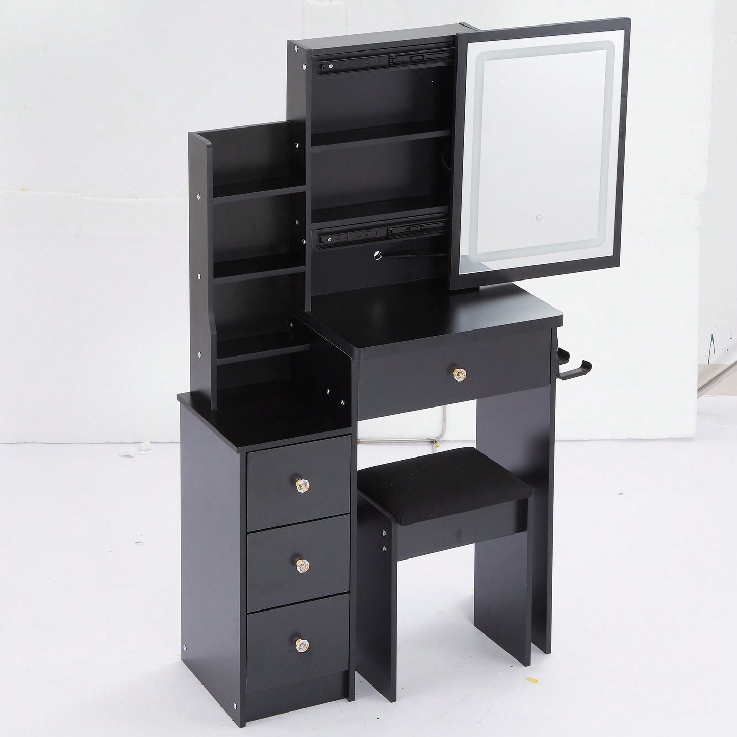 Compact Vanity Table with Cushioned Stool, 2 AC Outlets, 2 USB Ports, Hair Dryer Holder, Touch Control LED Mirror with Tri-Color Options