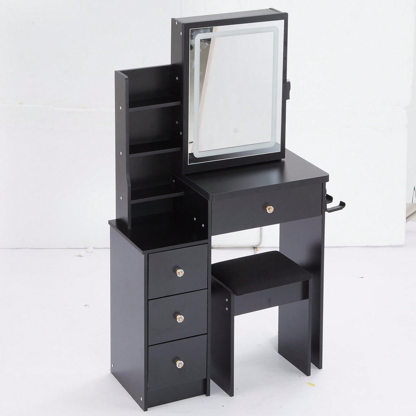 Compact Vanity Table with Cushioned Stool, 2 AC Outlets, 2 USB Ports, Hair Dryer Holder, Touch Control LED Mirror with Tri-Color Options