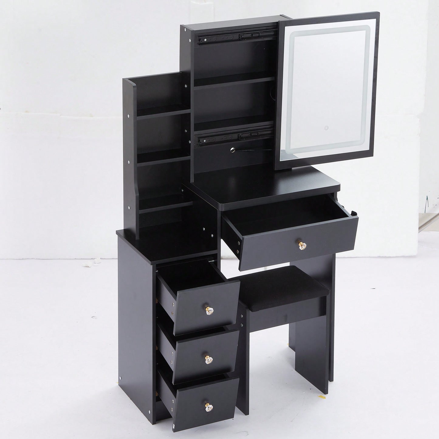 Compact Vanity Table with Cushioned Stool, 2 AC Outlets, 2 USB Ports, Hair Dryer Holder, Touch Control LED Mirror with Tri-Color Options