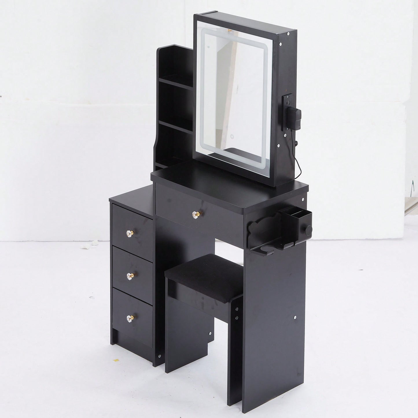 Compact Vanity Table with Cushioned Stool, 2 AC Outlets, 2 USB Ports, Hair Dryer Holder, Touch Control LED Mirror with Tri-Color Options