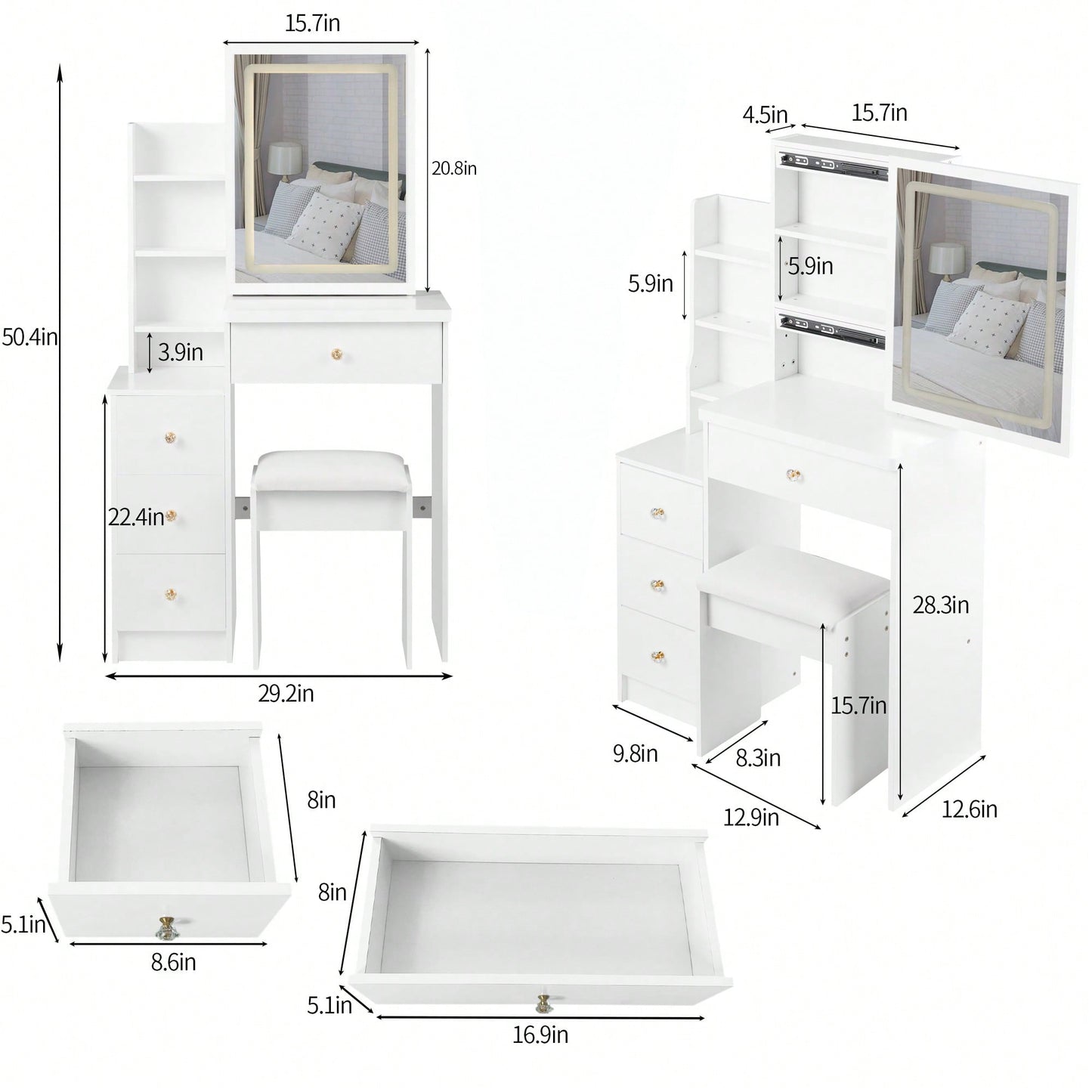 Compact Vanity Table With Cushioned Stool And Touch Control LED Mirror Tri-Color Brightness Adjustable Ideal For Small Spaces