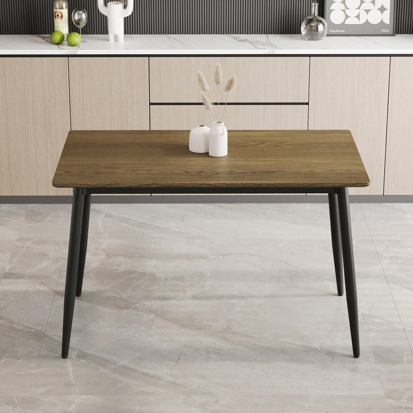 Stylish Modern Minimalist Wood Grain Dining Table With Black Metal Legs For 4-6 People Easy Assembly
