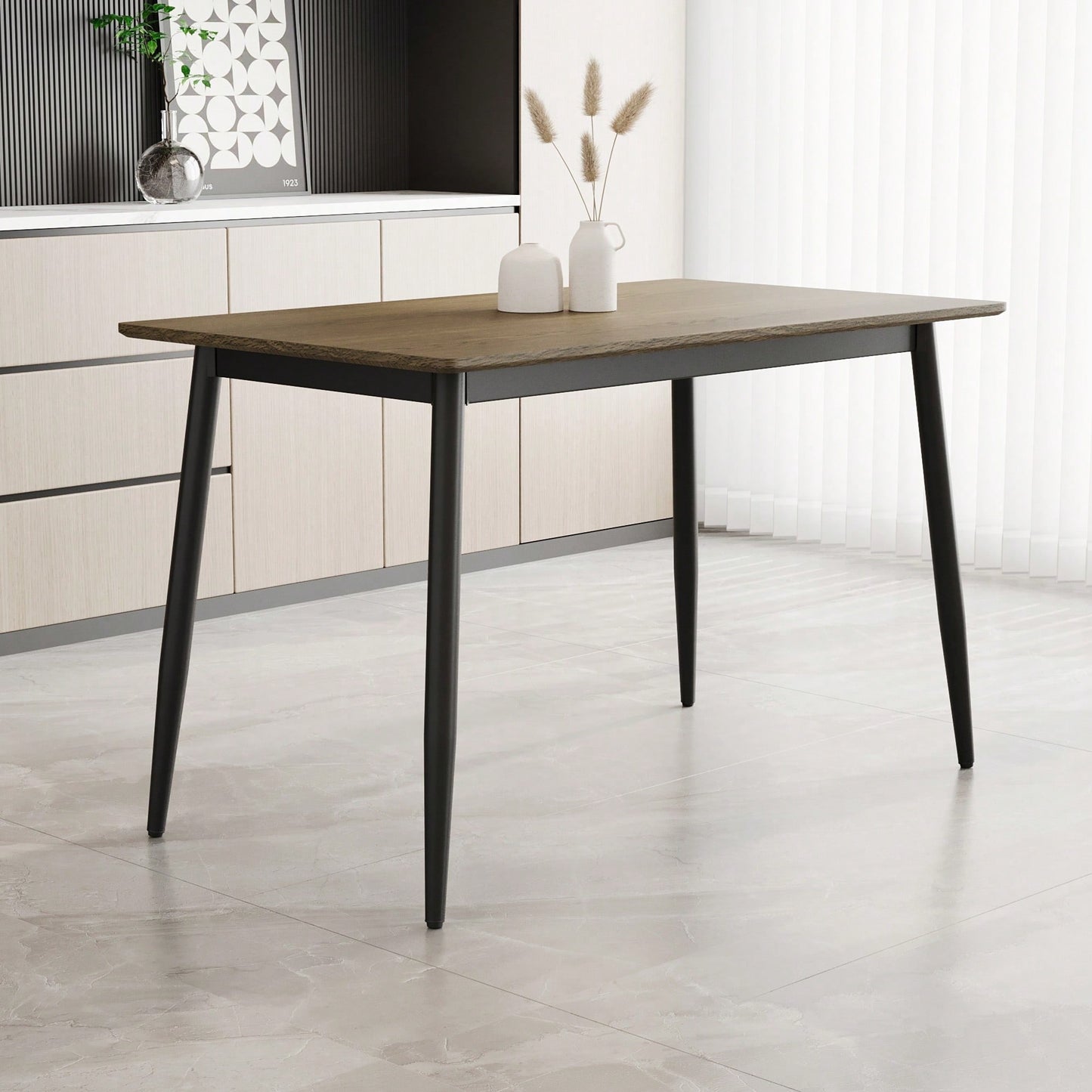 Stylish Modern Minimalist Wood Grain Dining Table With Black Metal Legs For 4-6 People Easy Assembly