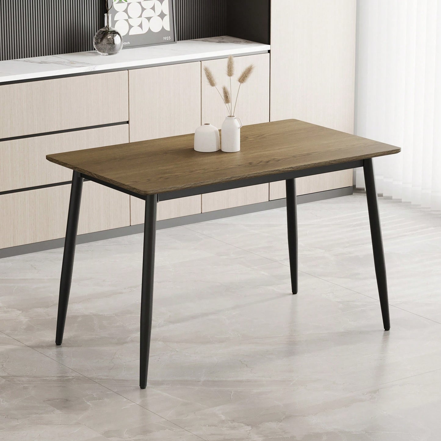 Stylish Modern Minimalist Wood Grain Dining Table With Black Metal Legs For 4-6 People Easy Assembly