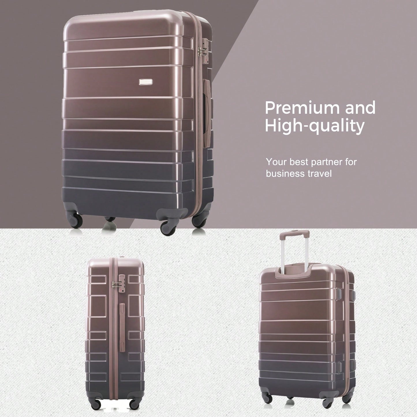 Lightweight Durable 3-Piece Hardshell Luggage Set With Spinner Wheels And TSA Lock 20'' 24'' 28'' Golden