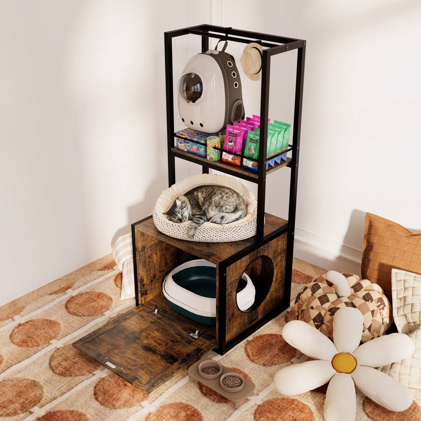 Refined Cat Litter Box Enclosure With Storage Shelves And Hanging Rack, 4-In-1 Hidden Furniture With Reversible Entrance, Rustic Brown