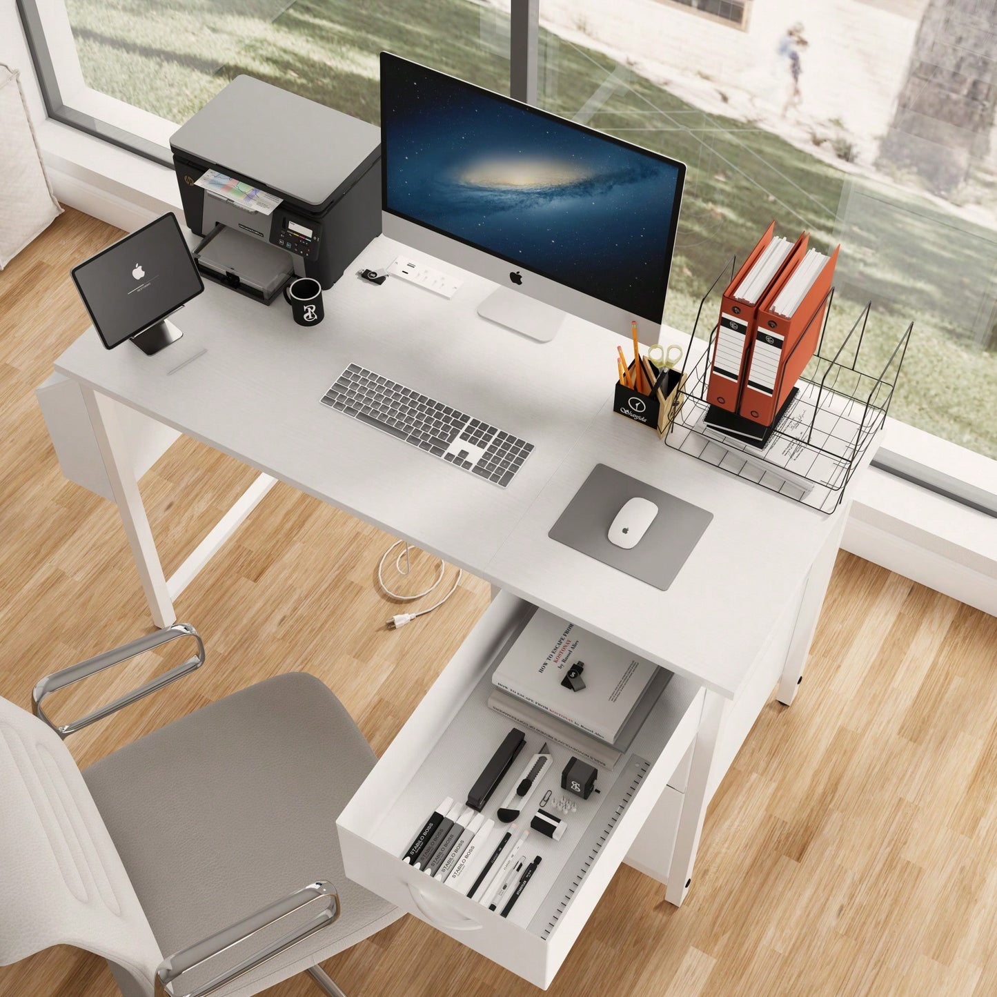 47 Inch Office Desk With Power Outlet And 3 Drawers Reversible Design For Home Office Gaming Or Vanity Use White