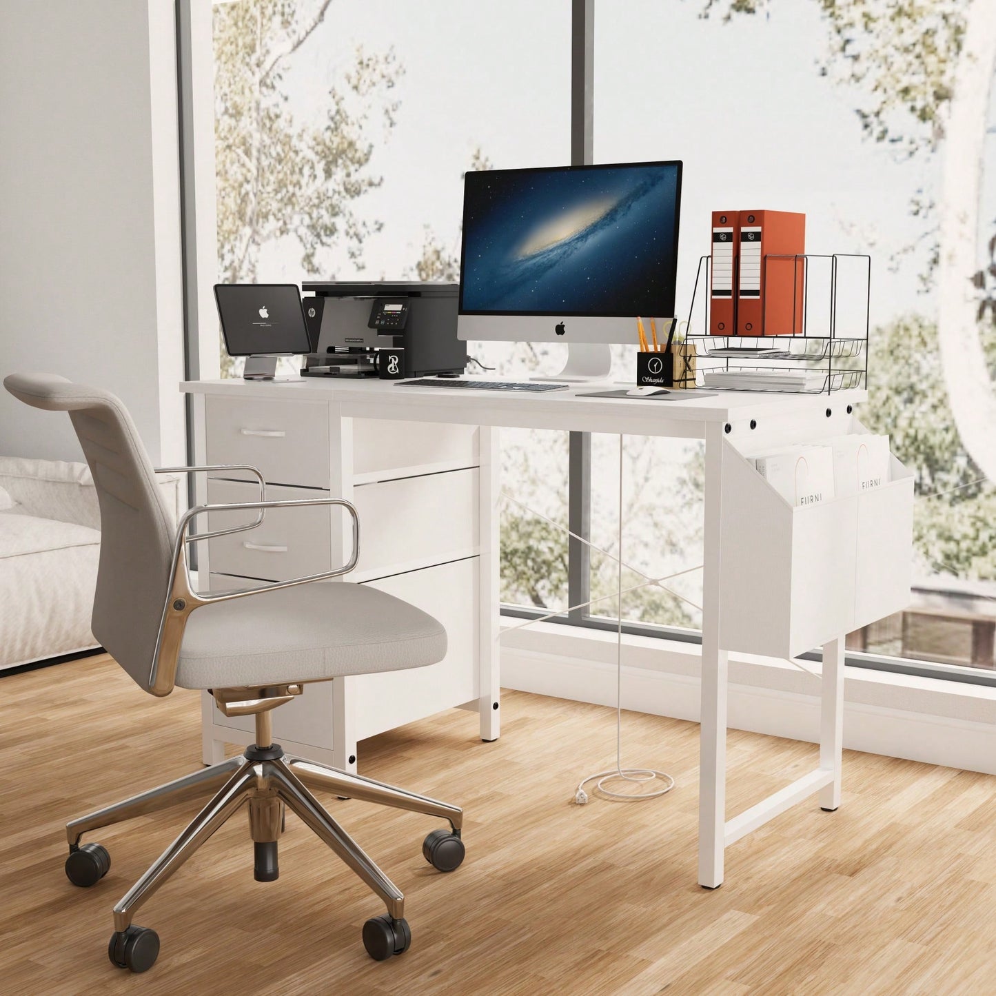 47 Inch Office Desk With Power Outlet And 3 Drawers Reversible Design For Home Office Gaming Or Vanity Use White