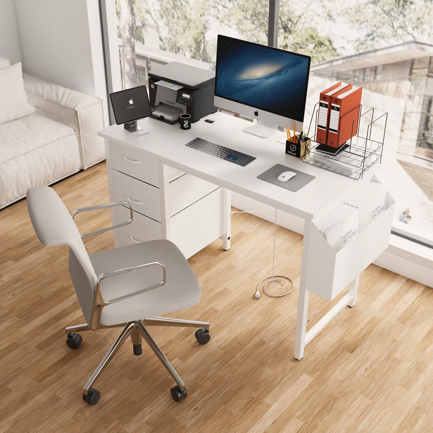 47 Inch Office Desk With Power Outlet And 3 Drawers Reversible Design For Home Office Gaming Or Vanity Use White