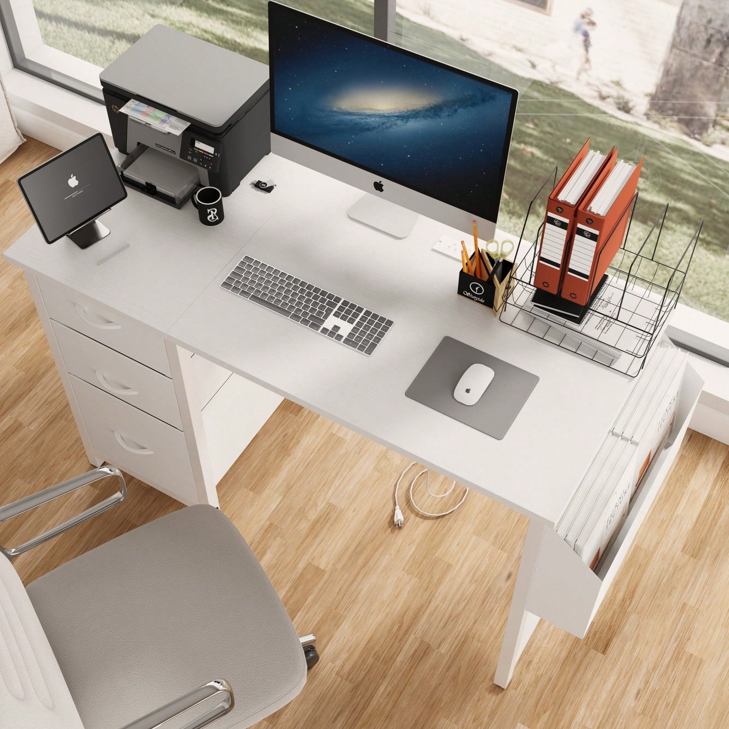 47 Inch Office Desk With Power Outlet And 3 Drawers Reversible Design For Home Office Gaming Or Vanity Use White