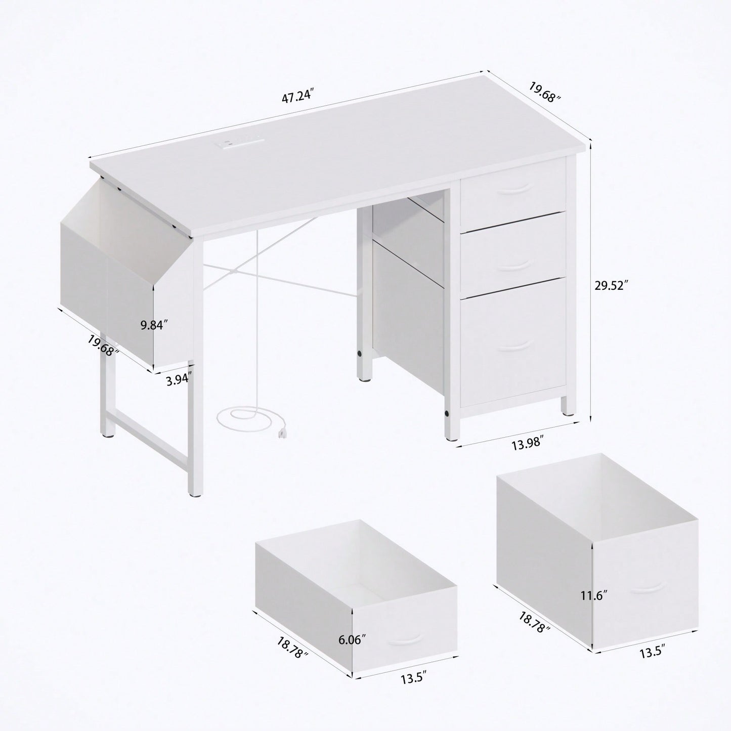 47 Inch Office Desk With Power Outlet And 3 Drawers Reversible Design For Home Office Gaming Or Vanity Use White