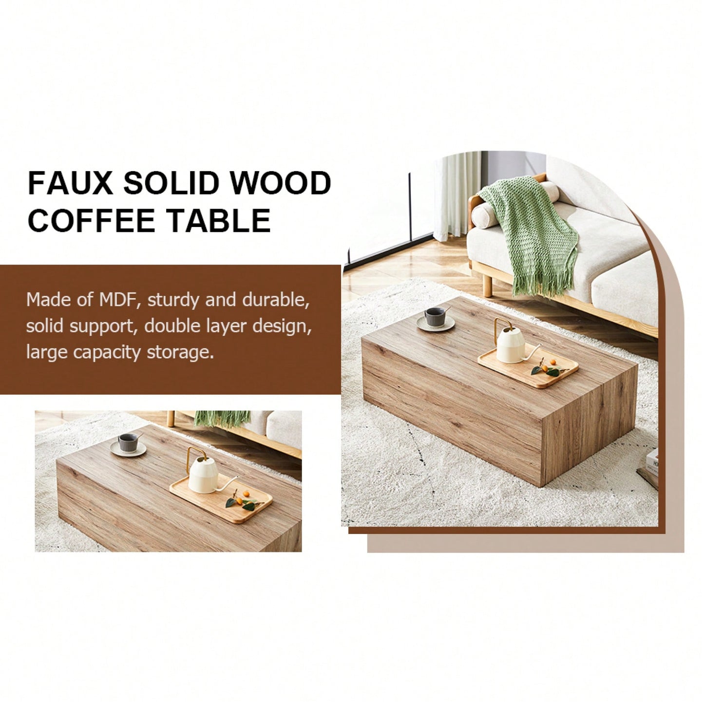 Light Wood Finish Modern MDF Coffee Table Stylish Durable Design 39.3x23.6x11.8 Inches