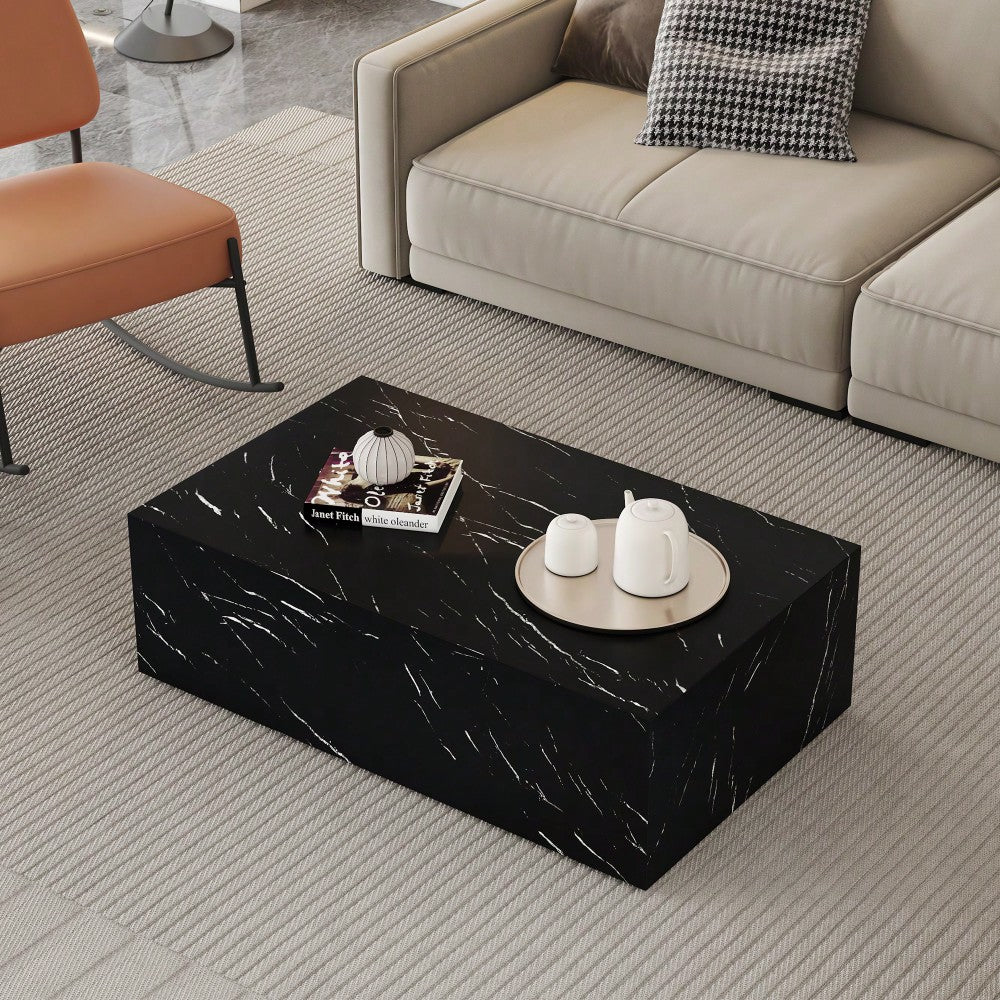 Luxurious Black Marble Texture Coffee Table 39.3x23.6x11.8 Inch Stylish Living Room Accent Modern Design