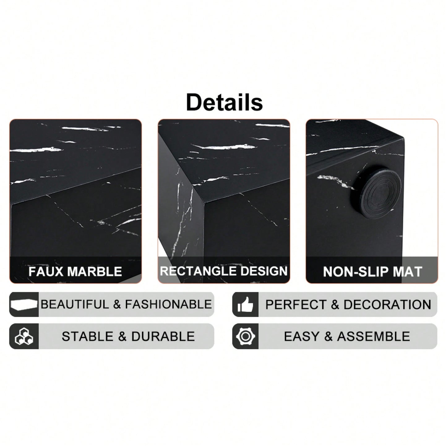 Luxurious Black Marble Texture Coffee Table 39.3x23.6x11.8 Inch Stylish Living Room Accent Modern Design