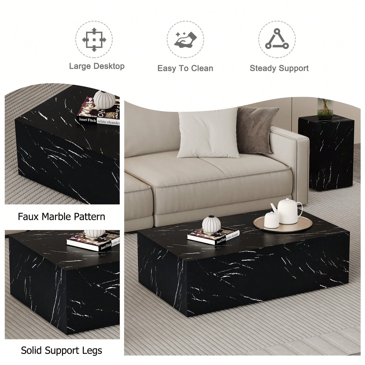 Luxurious Black Marble Texture Coffee Table 39.3x23.6x11.8 Inch Stylish Living Room Accent Modern Design