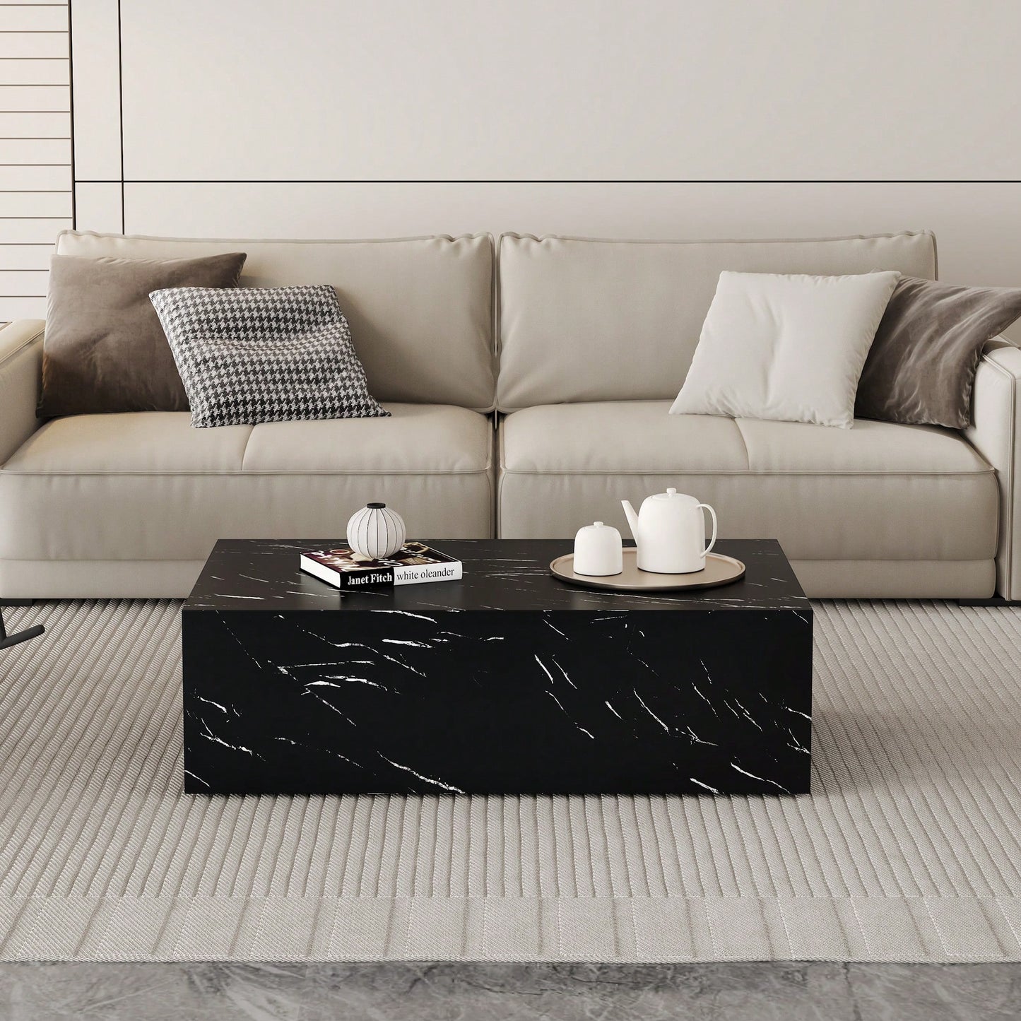 Luxurious Black Marble Texture Coffee Table 39.3x23.6x11.8 Inch Stylish Living Room Accent Modern Design