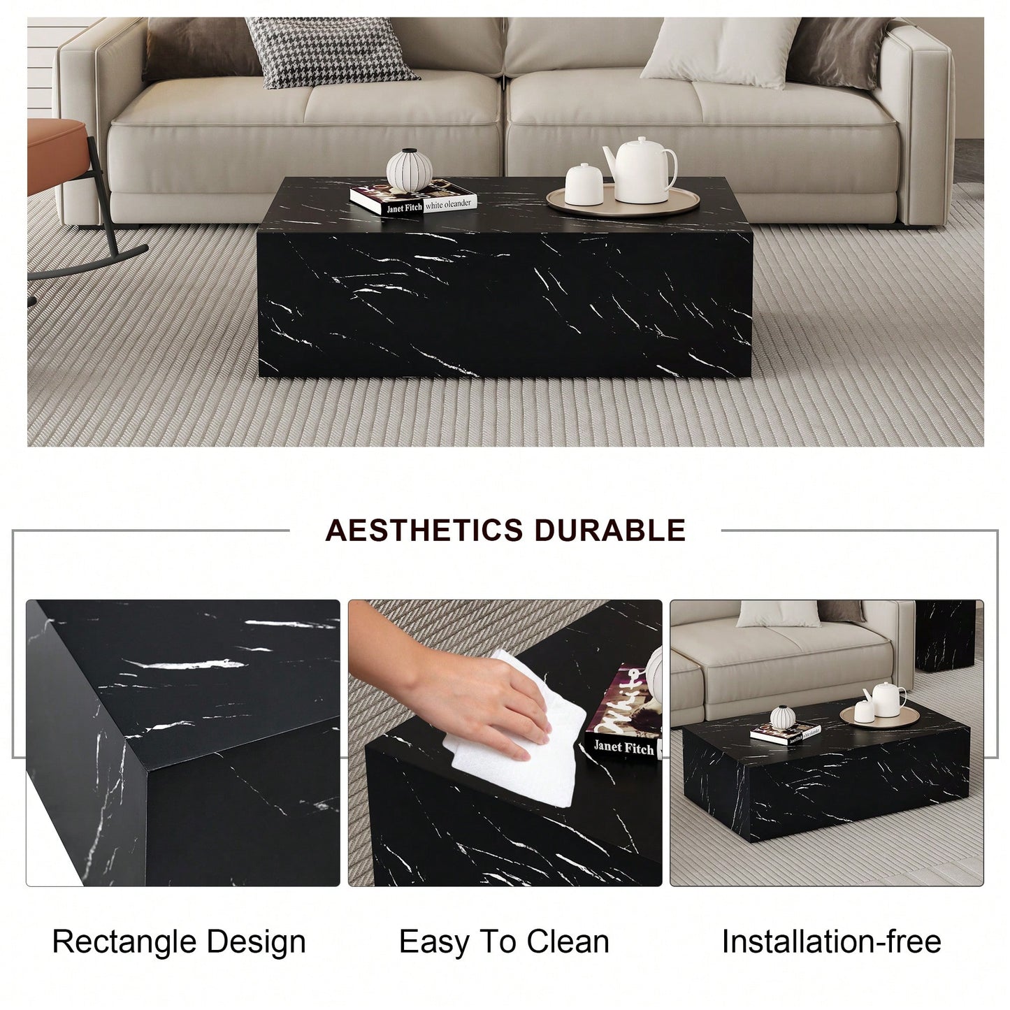 Luxurious Black Marble Texture Coffee Table 39.3x23.6x11.8 Inch Stylish Living Room Accent Modern Design
