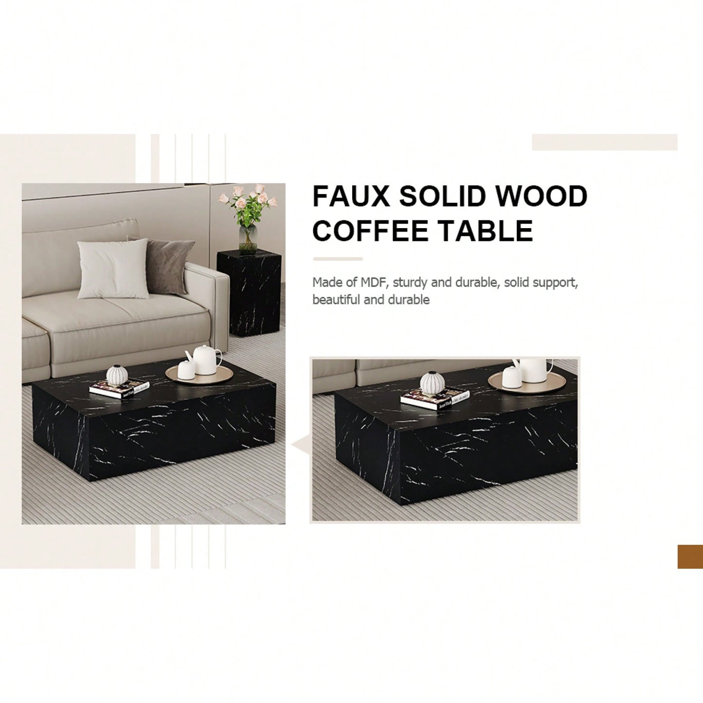 Luxurious Black Marble Texture Coffee Table 39.3x23.6x11.8 Inch Stylish Living Room Accent Modern Design