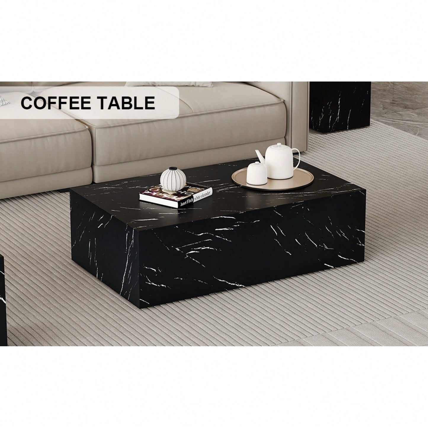 Luxurious Black Marble Texture Coffee Table 39.3x23.6x11.8 Inch Stylish Living Room Accent Modern Design