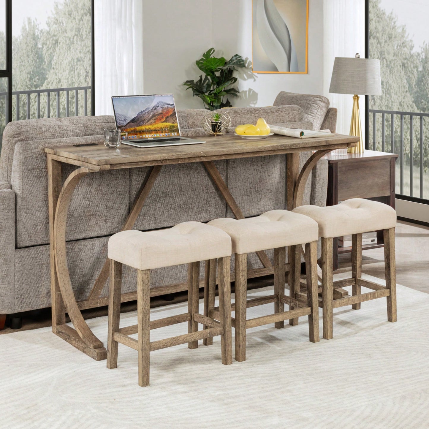 4-Piece Dark Gray Bar Table Set With Power Outlet And 3 Padded Stools For Dining Room Living Room Game Room