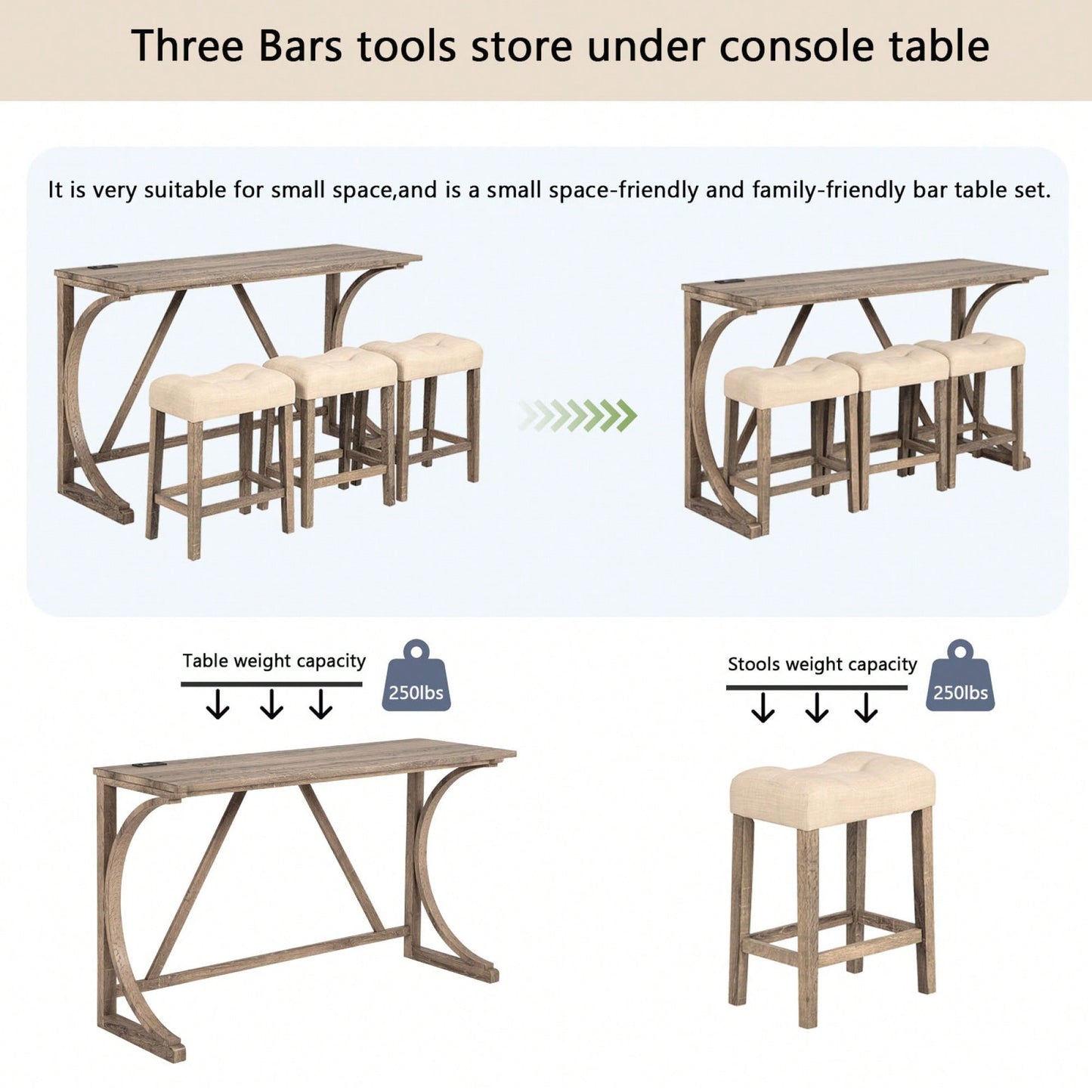 4-Piece Dark Gray Bar Table Set With Power Outlet And 3 Padded Stools For Dining Room Living Room Game Room